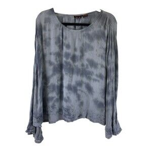 Funky People Blouse Cotton Rayon Flare Long Sleeve Blue Gray Embroidered Large